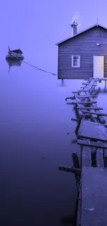 Serene blue lakeside cabin with misty lake and wooden dock.