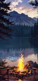 Campfire by a tranquil lake with mountains in the background.