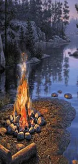 Serene evening campfire beside quiet lake in a forest landscape.