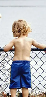 Child gazing at serene lake over a fence, peaceful and inspiring view.