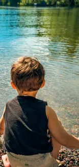 Child by a serene lake with lush greenery.