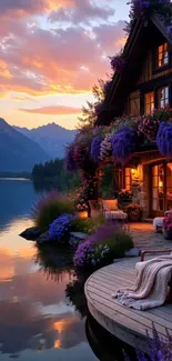 Lakeside cottage at sunset with vibrant flowers and reflective water.