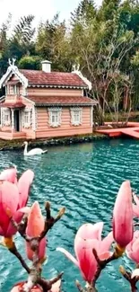 Lakeside cottage with pink flowers and swan on a tranquil lake.