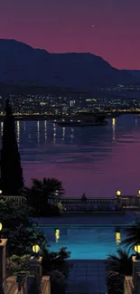 Lakeside evening landscape with purple twilight sky.