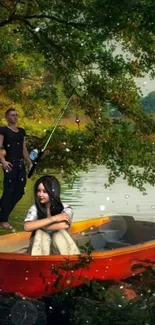 Lakeside fishing with couple in boat.