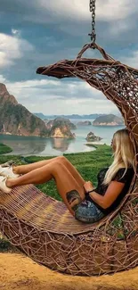 Woman relaxing in hammock with lake and mountains in background.