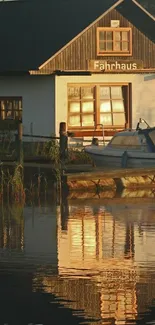 Lakeside house reflecting in calm water at sunset.