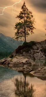 Lakeside forest scene with lightning in dramatic evening sky.