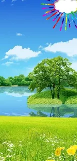 Lakeside scene with trees and blue sky, perfect for mobile wallpaper.