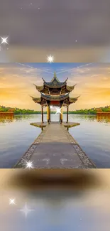 Serene oriental pavilion by the lake with beautiful reflections at sunset.