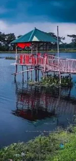 Tranquil lakeside pavilion with cloudy sky and water reflection.