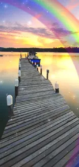 Mobile wallpaper featuring a wooden dock, vibrant sunset, and rainbow arch.