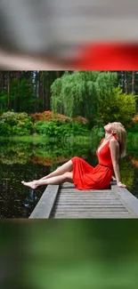 Woman in red dress gazing at serene lakeside surrounded by lush greenery.