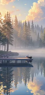 Serene lakeside view with misty forest reflection and wooden dock.