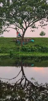 Tree reflection on tranquil lake with lush green surroundings.