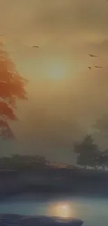 Serene sunrise over misty lake with trees and birds in view.