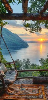 Lakeside sunset with cozy swing and vibrant nature view.