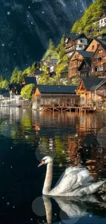 Swan on a lake with a picturesque village background.