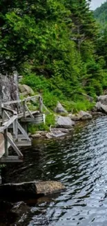 Scenic lakeside wooden path with lush greenery.