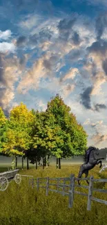 Serene landscape wallpaper with horses under a dramatic sky.