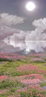 Moonlit field of flowers and clouds over a reflective lake.