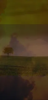 Solitary tree in a serene nature landscape with dramatic sky.