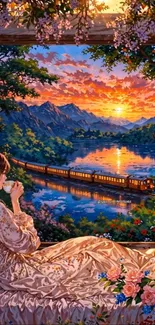 Morning view of mountains, lake, and a train from a floral-decorated window.