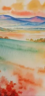 Watercolor painting of a serene landscape with mountains and vibrant sky.