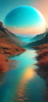 Surreal landscape with a reflective orb over a river.