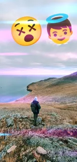 Traveler exploring a serene hillside with playful emojis in the sky.