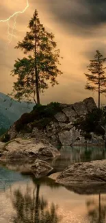 Dramatic landscape with lightning strike and rocky terrain.