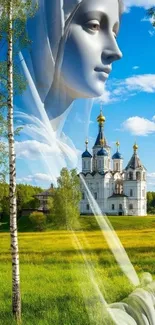 Statue and church in a serene landscape with green fields.
