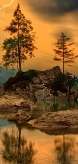 Serene landscape with trees at sunset reflecting in water.