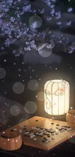 Serene night scene with lantern and Go board.