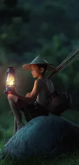 Child holding lantern in lush greenery at dusk, creating a serene atmosphere.