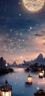 Starry night sky over a lake with lanterns.