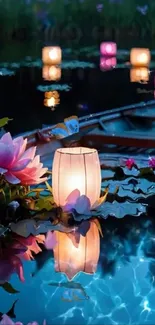 Serene lake with floating lanterns and blossoms at night.