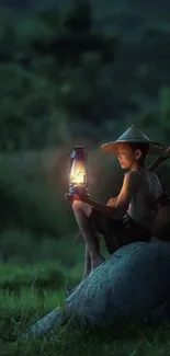 A boy with a lantern sits on a rock surrounded by green foliage.