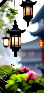 Elegant traditional lanterns with blooming flowers in serene setting.