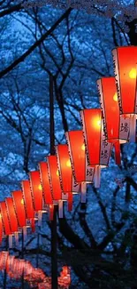 Glowing Japanese lanterns under a twilight sky.