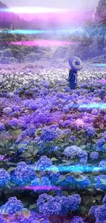 A person with an umbrella in a lavender hydrangea field and misty mountains.