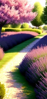 Lavender path with pink blossoms and green trees in serene artwork.