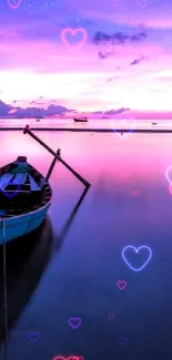 Lavender sunset wallpaper with calm waters and a solitary boat reflecting serenity.