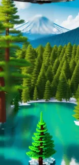 Lego forest with serene lake and mountain backdrop.