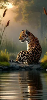 Leopard sitting peacefully by a serene lakeside.