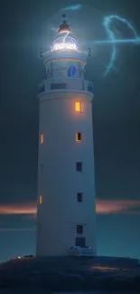 Serene lighthouse glowing at dusk with a tranquil backdrop.