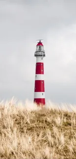 Red and white lighthouse against gray sky.