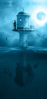 Lighthouse under a full moon with ocean reflection wallpaper.