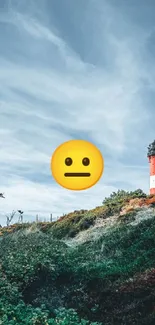 Scenic lighthouse view with emoji in the sky on a calm landscape.