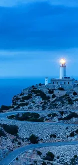 Lighthouse on a rocky coast under a blue sky.